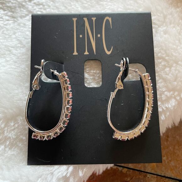 INC Huggie Earrings Silver Tone Pink Rhinestones New - Picture 2 of 6